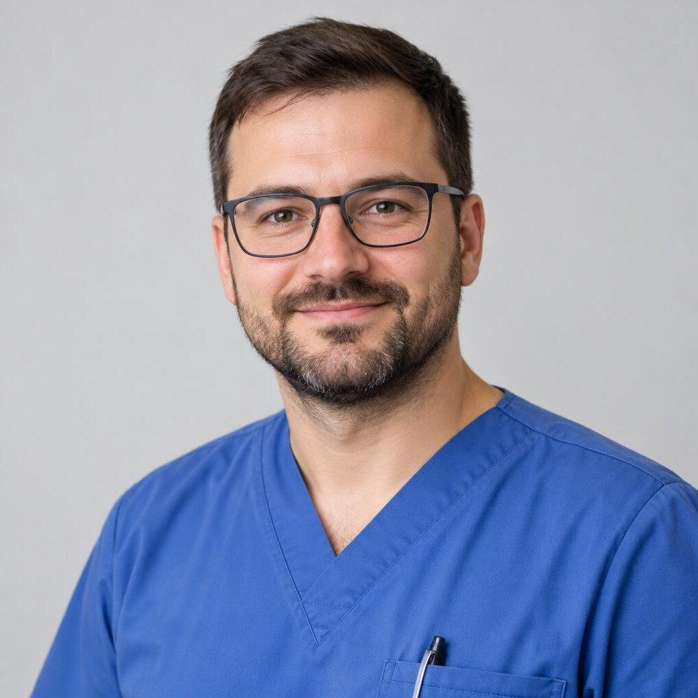 Portrait of a man with a beard and glasses in medical scrubs