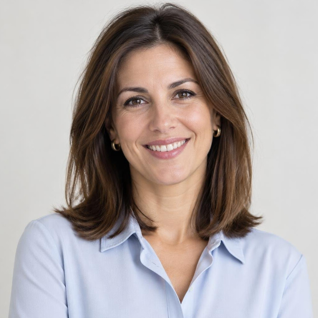 Portrait of a smiling woman with brown hair in business casual clothes