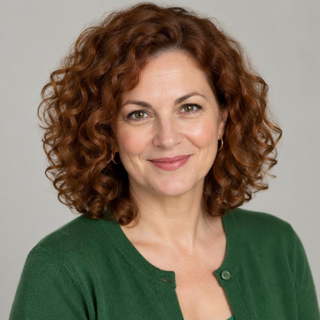 Portrait of a woman with curly red-brown hair smiling