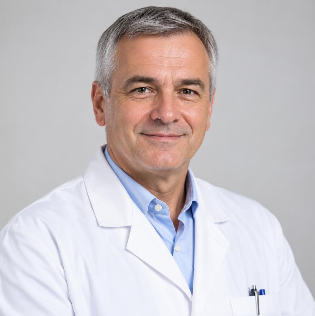 Portrait of an older man with grey hair in a white coat