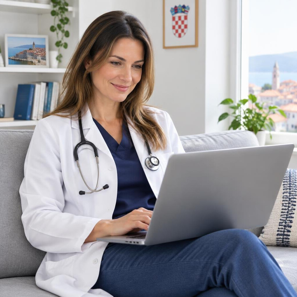 Female doctor working on a laptop in a bright office
