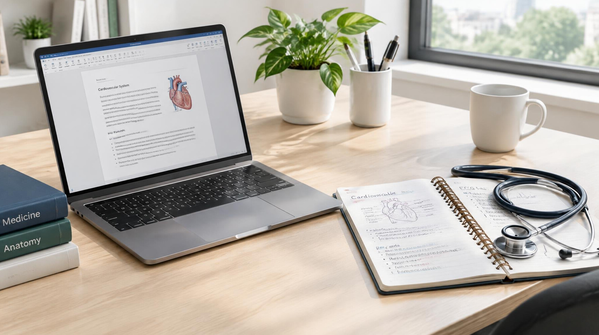 Laptop on a desk with medical notes and a stethoscope