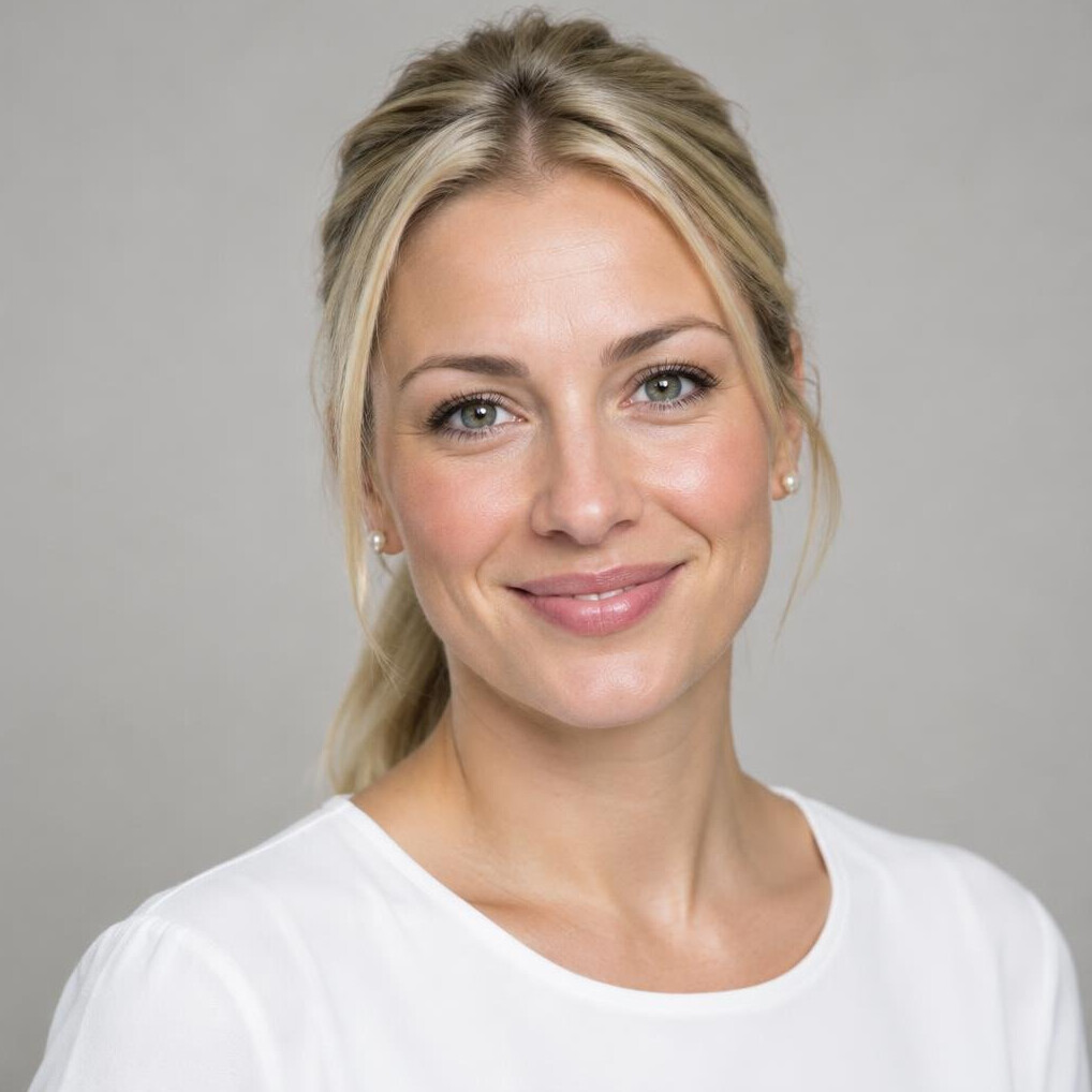 Portrait of a woman with blonde hair tied back in a white top